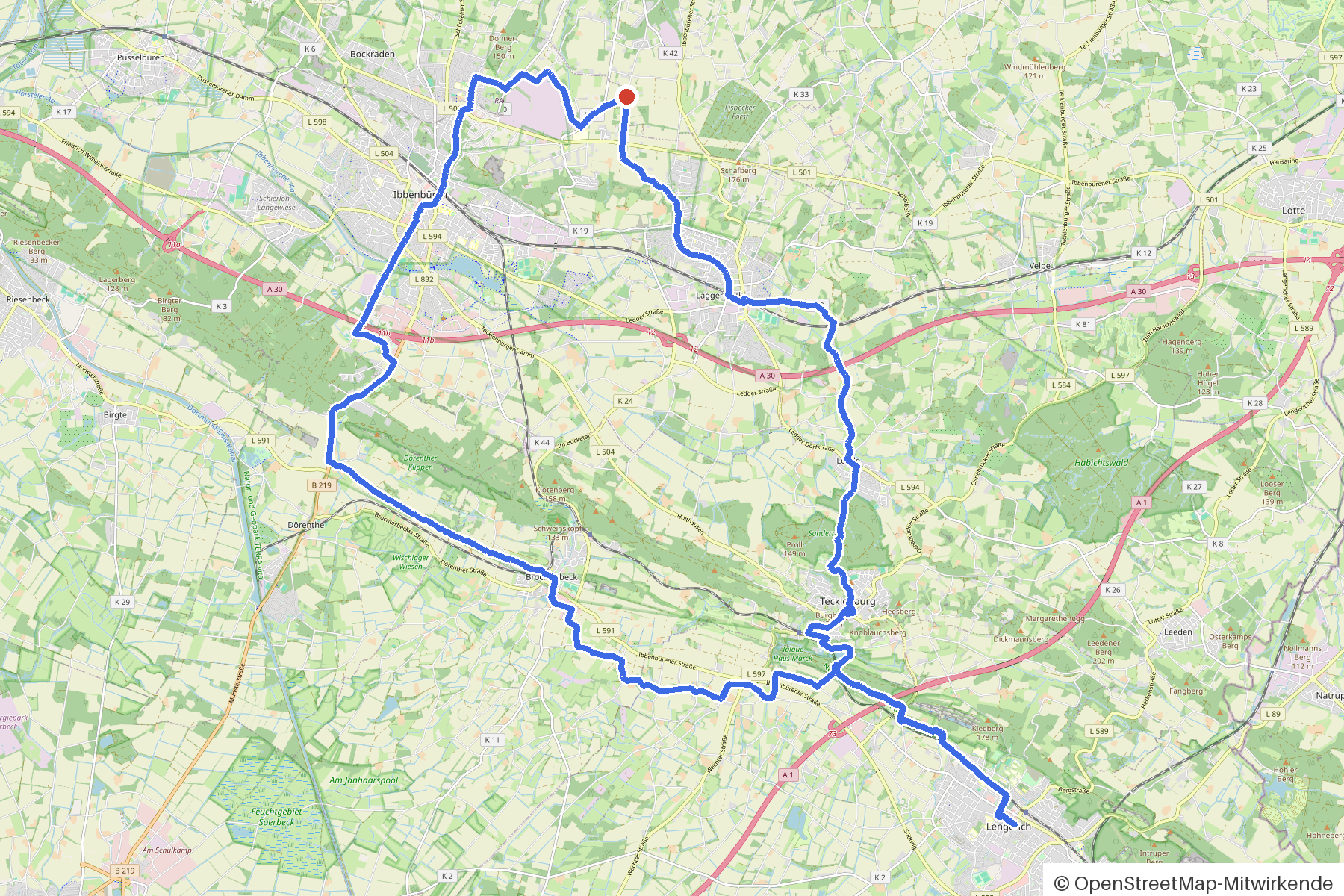 Map of the loop Mettingen, Tecklenburg and Münsterland View: route from Mettingen