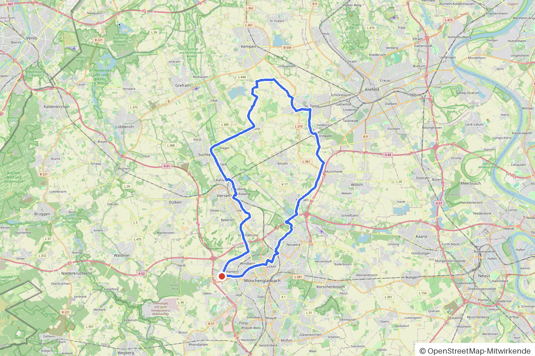 Kartenbild der Rundtour Mönchengladbach, Niers und Schloss Neersen: Routenverlauf ab Mg
