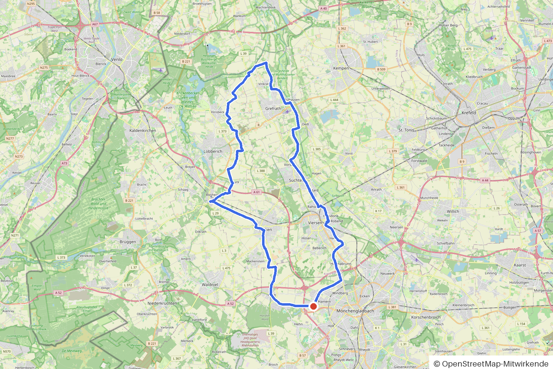 Kartenbild der Rundtour Mönchengladbach, Niers und acht Kirchen: Routenverlauf ab Mg