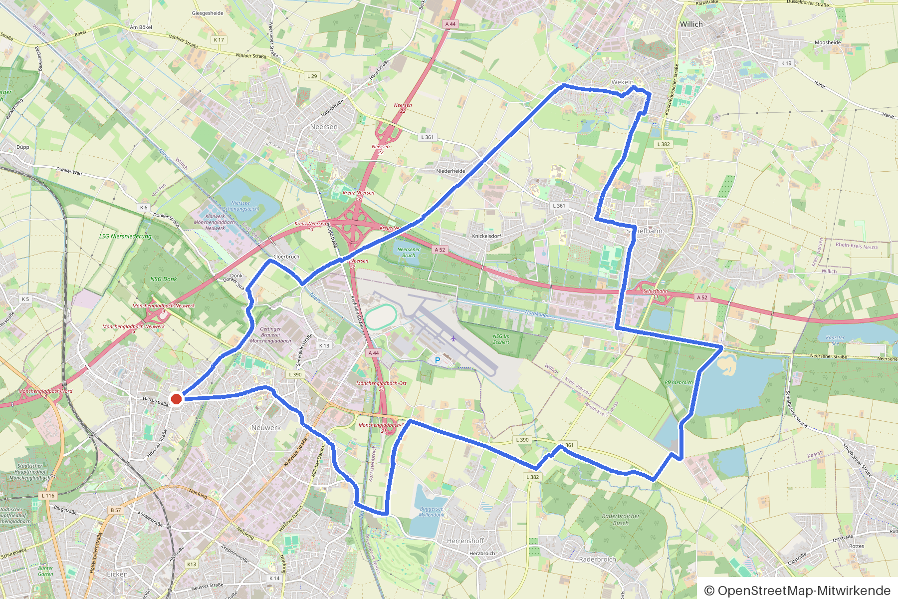 Kartenbild der Rundtour Neuwerk, Niers und Nordkanal: Routenverlauf ab Neuwerk