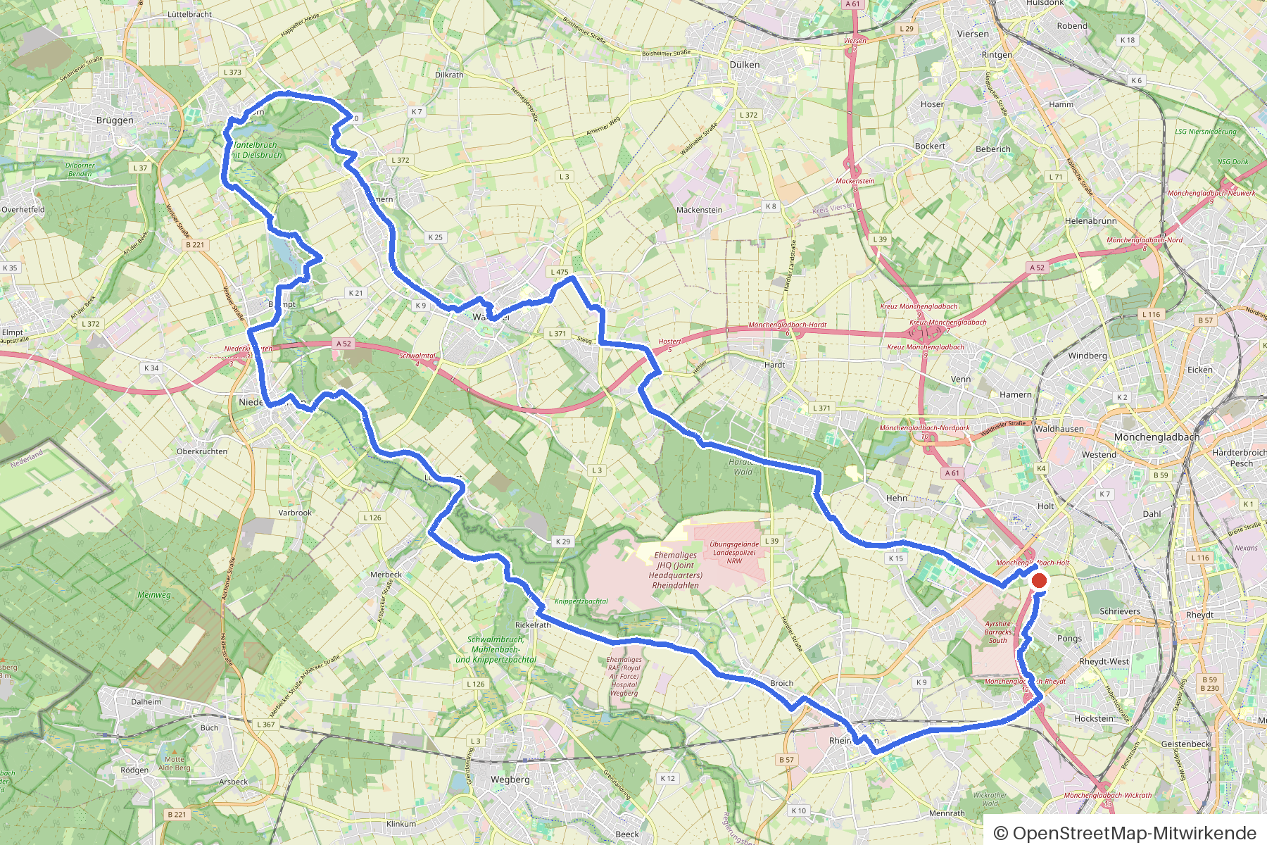 Kartenbild der Rundtour Mönchengladbach, Schwalm und Hariksee: Routenverlauf ab Mg