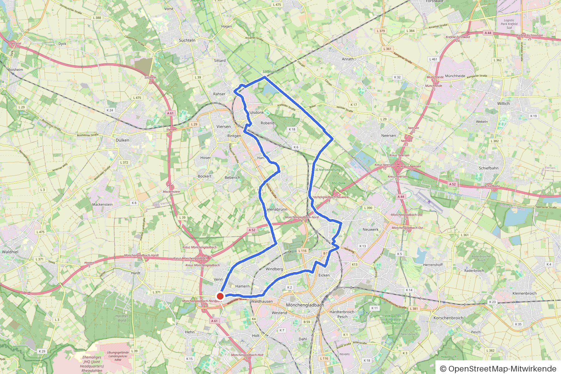 Kartenbild der Rundtour Venn, Niers und Bökelberg: Routenverlauf ab Mönchengladbach-Venn
