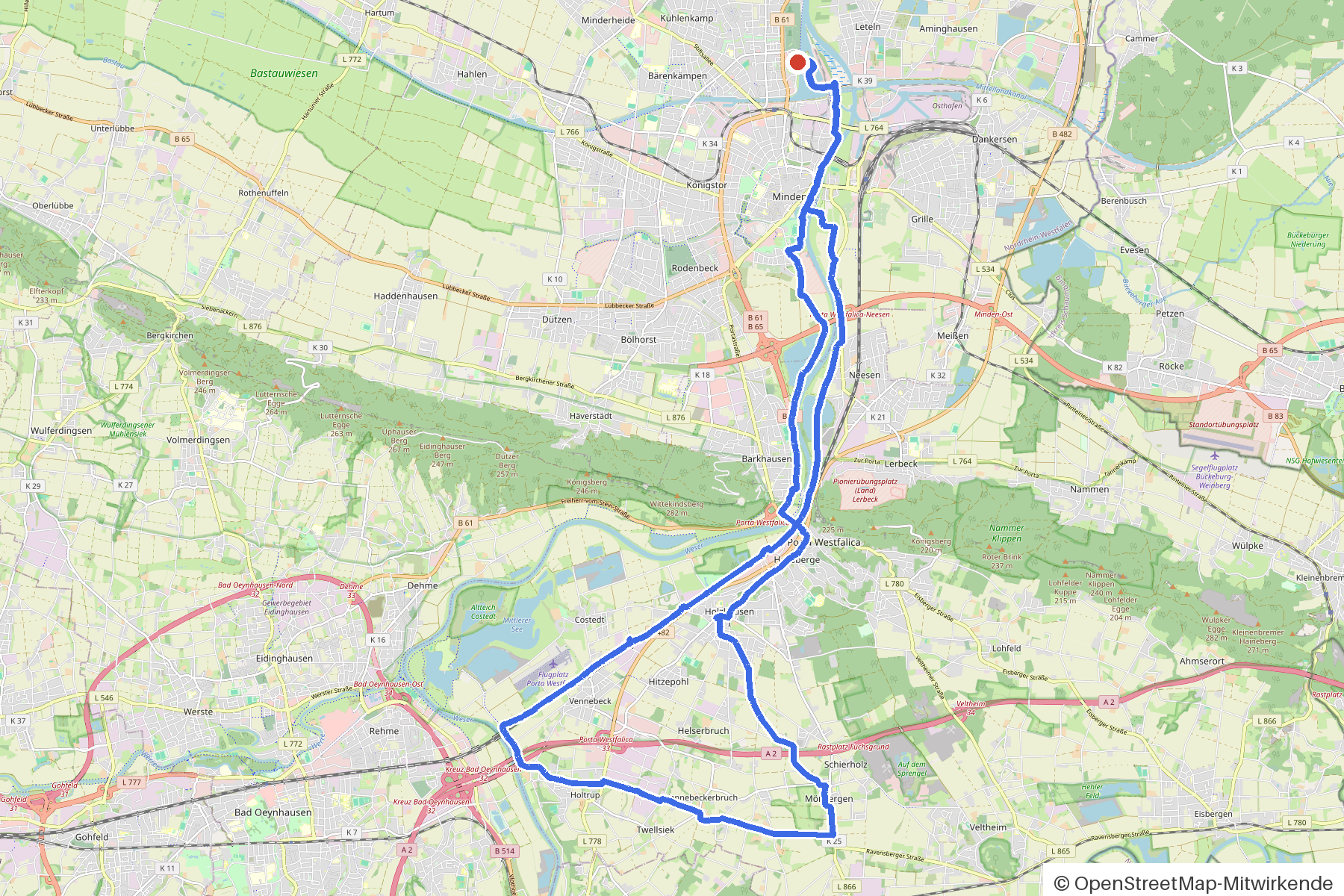 Kartenbild der Rundtour Minden, Porta Westfalica und Weser: Routenverlauf ab Minden