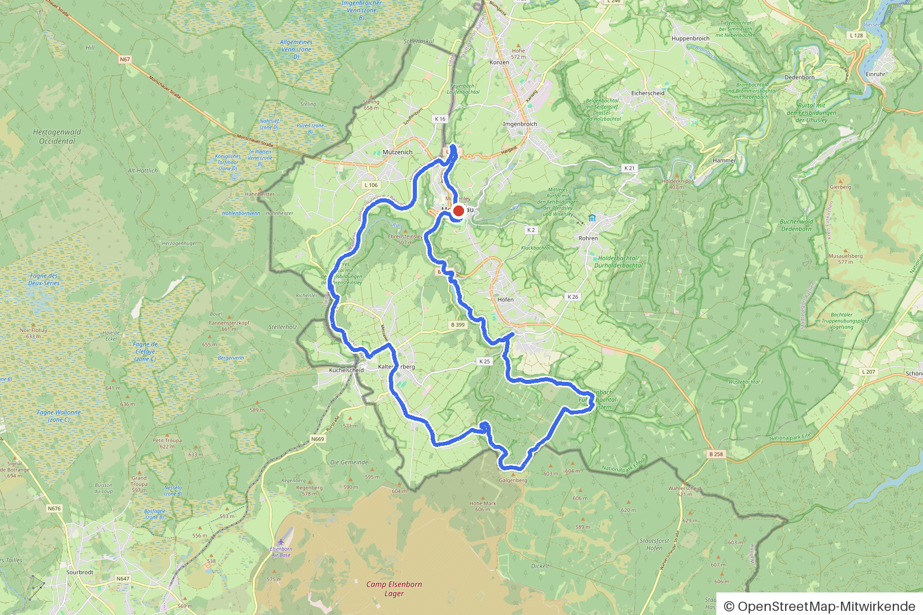 Kartenbild der Rundtour Monschauer Höhen und Rurtal: Routenverlauf ab Monschau