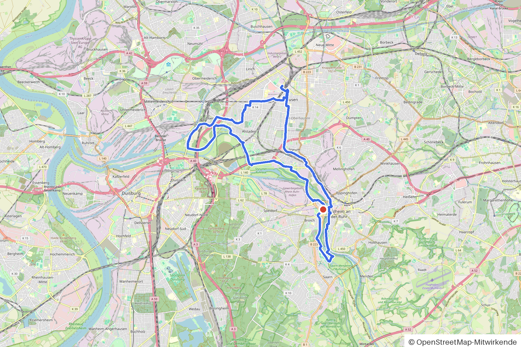 Kartenbild der Rundtour Mülheim, Ruhr und Schloss Broich: Routenverlauf ab Muelheim