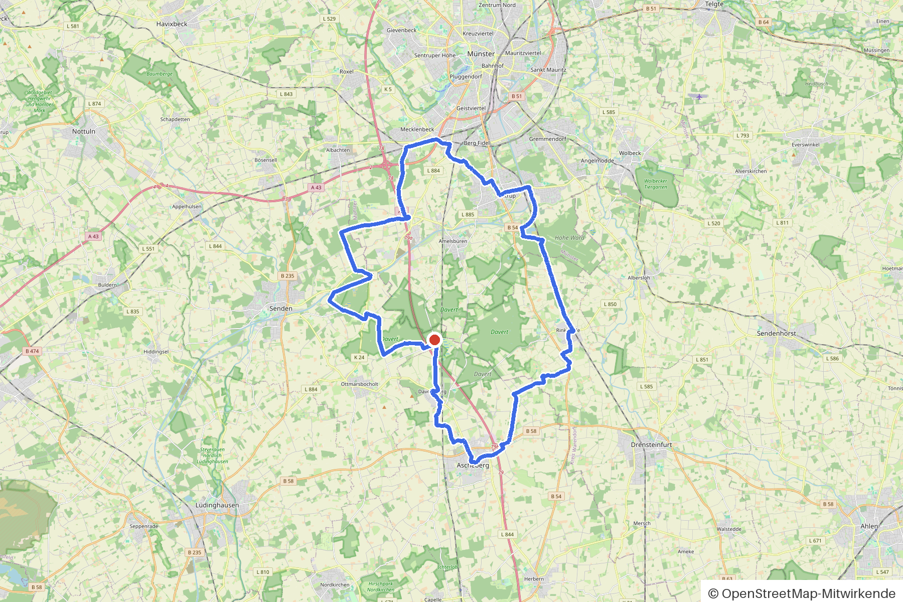Kartenbild der Rundtour Münster, Davert und sieben Brücken: Routenverlauf ab Muenster