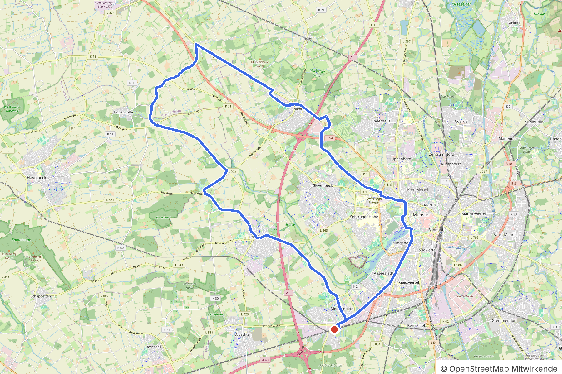 Map of the loop Münster, Hülshoff and Rüschhaus: route from Muenster