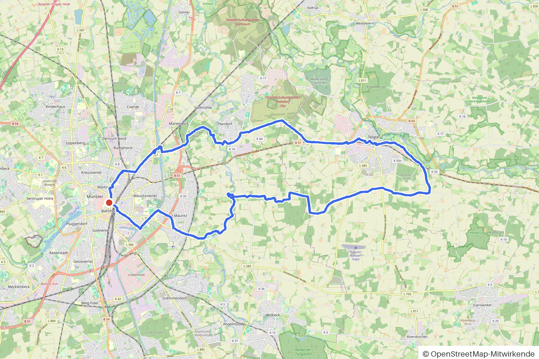 Kartenbild der Rundtour Münster, Kanäle und Denkmäler: Routenverlauf ab Muenster