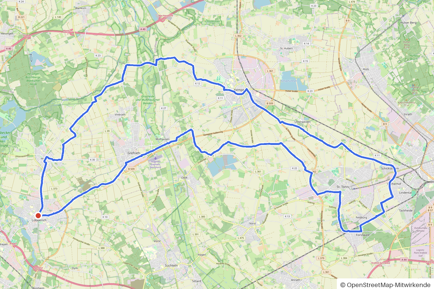 Kartenbild der Rundtour Nettetal, Schwalm und Nette: Routenverlauf ab Nettetal