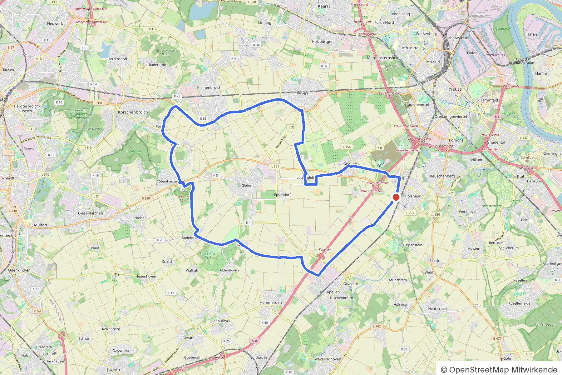 Kartenbild der Rundtour Neuss, Hombroich und Dyck: Routenverlauf ab Neuss