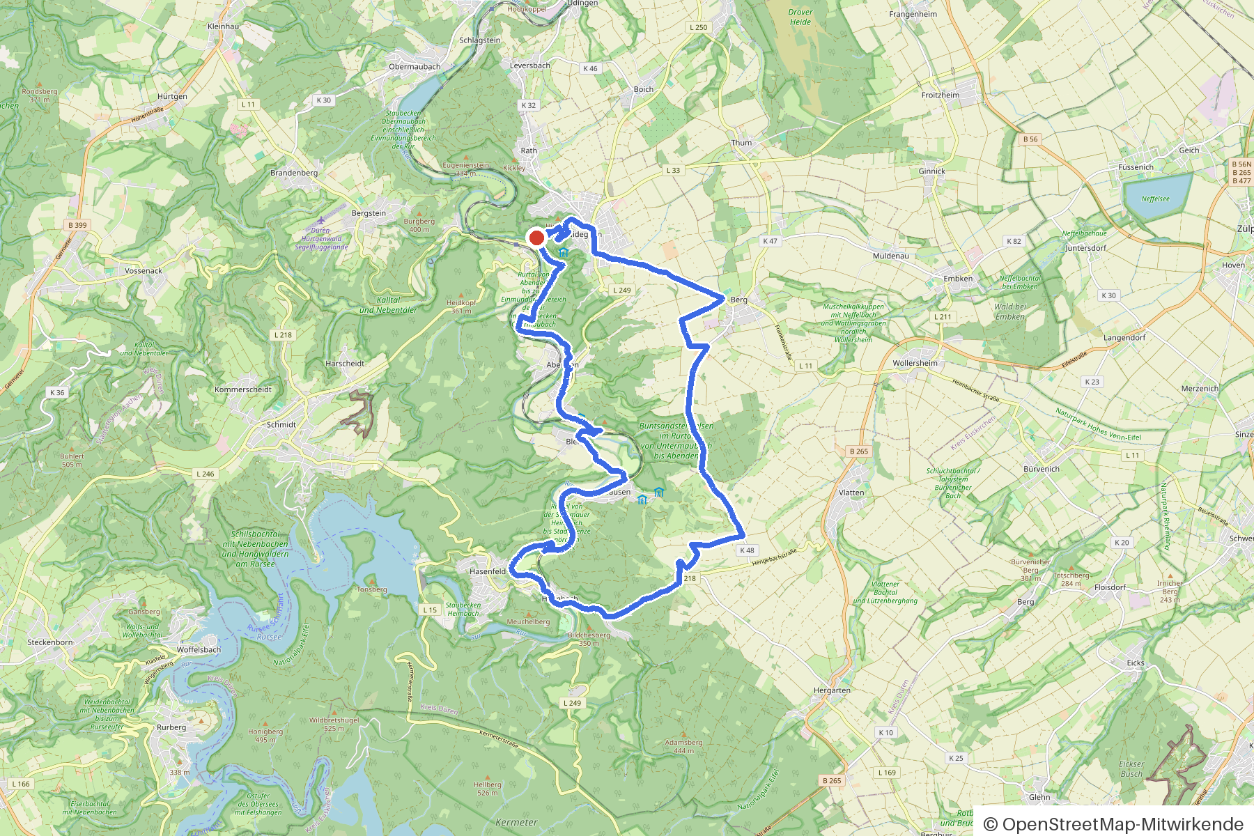 Map of the loop Nideggen, Rurtal and Castles: route from Nideggen