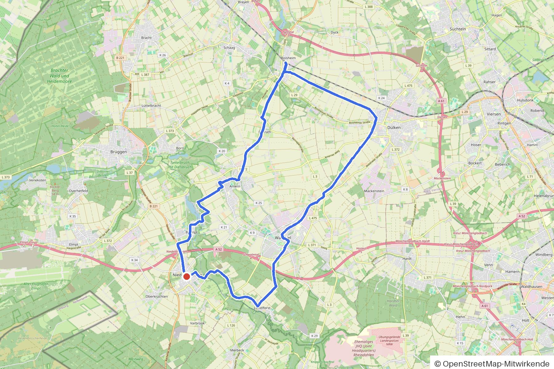 Kartenbild der Rundtour Niederkrüchten, Schwalm und Nette: Routenverlauf ab Niederkruechten