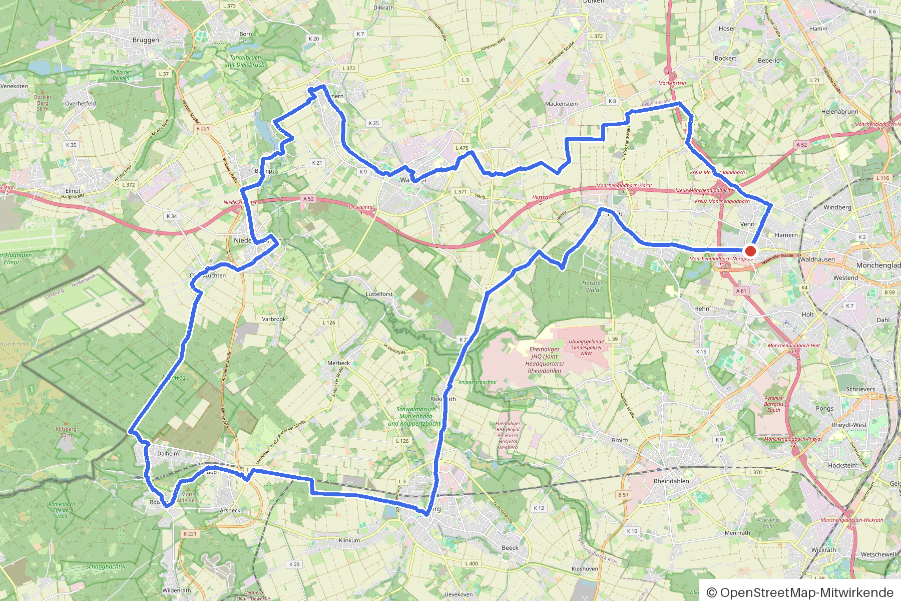 Kartenbild der Rundtour Wegberger Mühlen und Schwalm: Routenverlauf ab Wegberg
