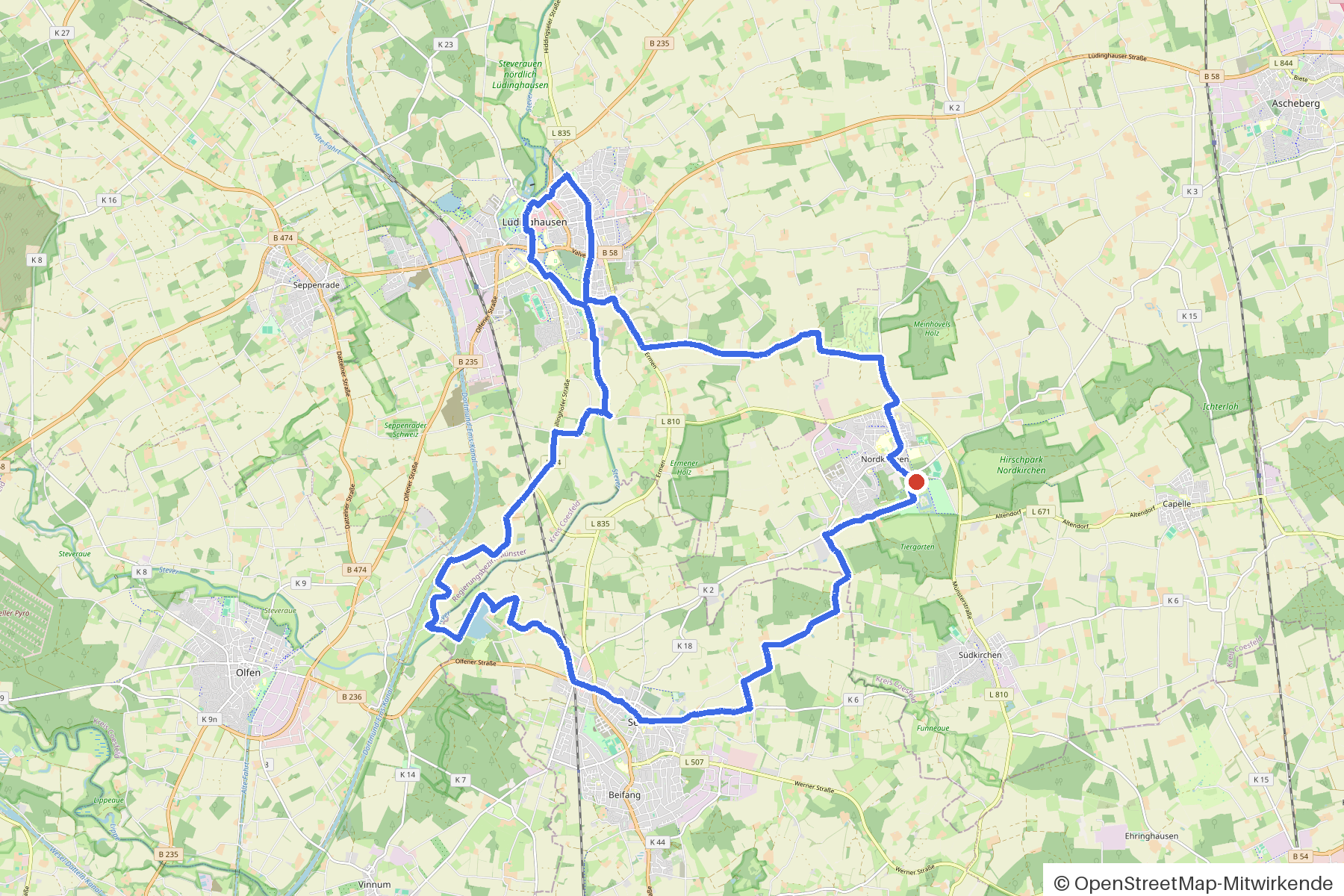 Kartenbild der Rundtour Nordkirchen, Schlösser und Stever: Routenverlauf ab Nordkirchen