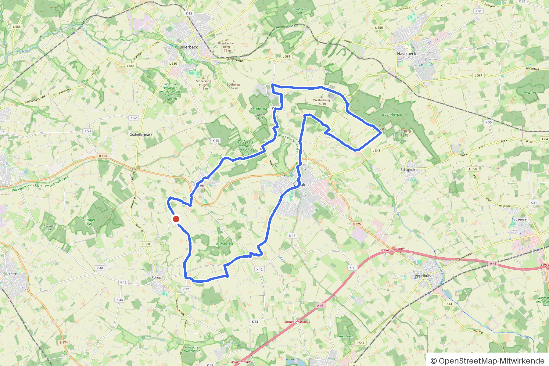 Kartenbild der Rundtour Nottuln, Baumberge und Stever: Routenverlauf ab Nottuln