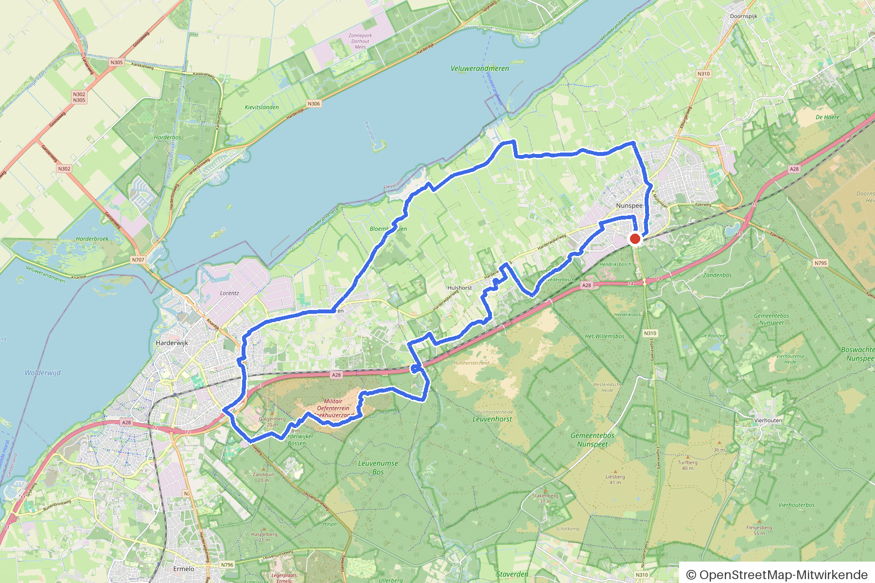 Map of the loop Nunspeet, eleven streams and two mills: route from Nunspeet