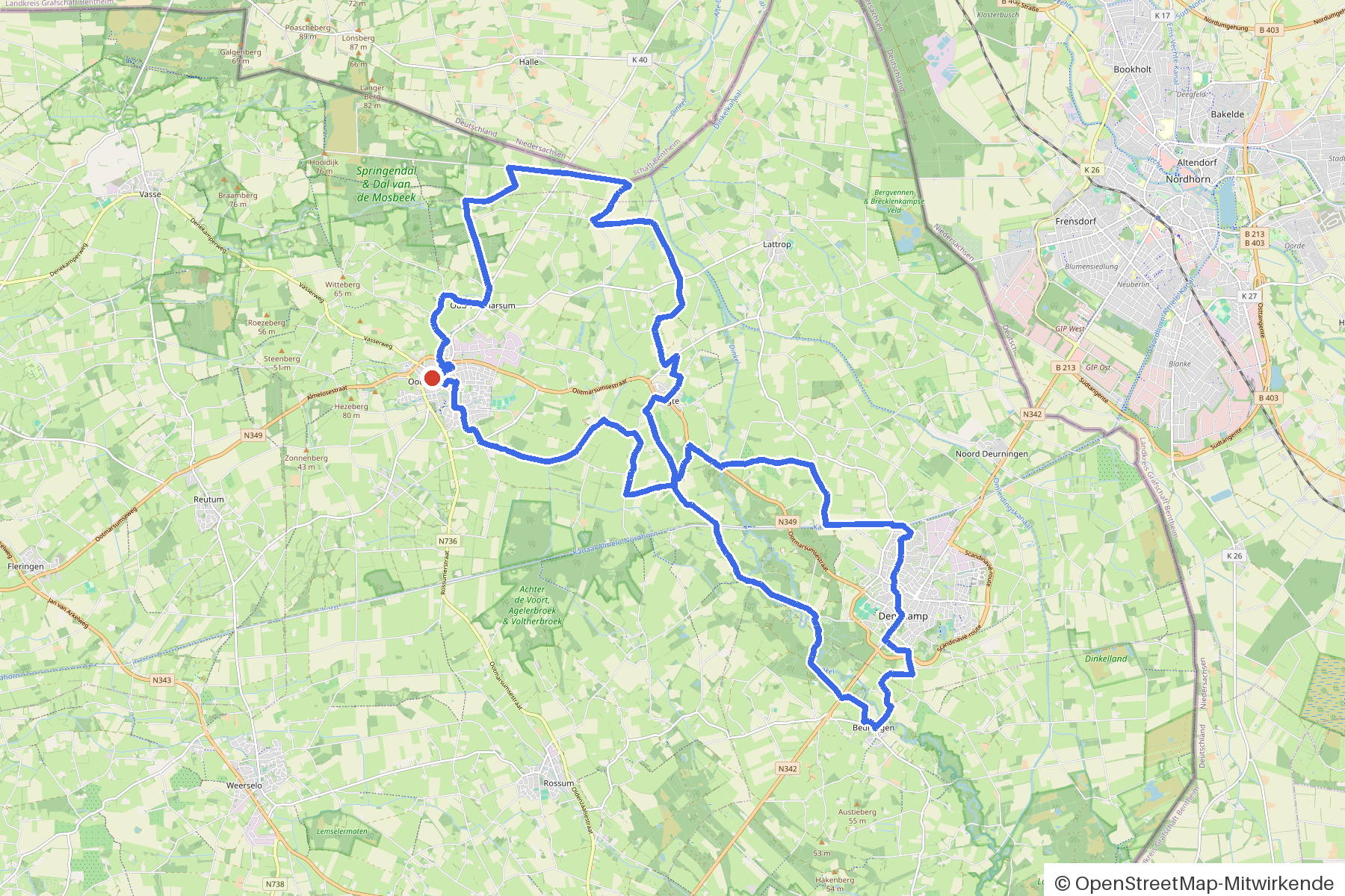 Kaartbeeld van het rondje Ootmarsum, Dinkeldal en vier bruggen: routeverloop vanaf Ootmarsum