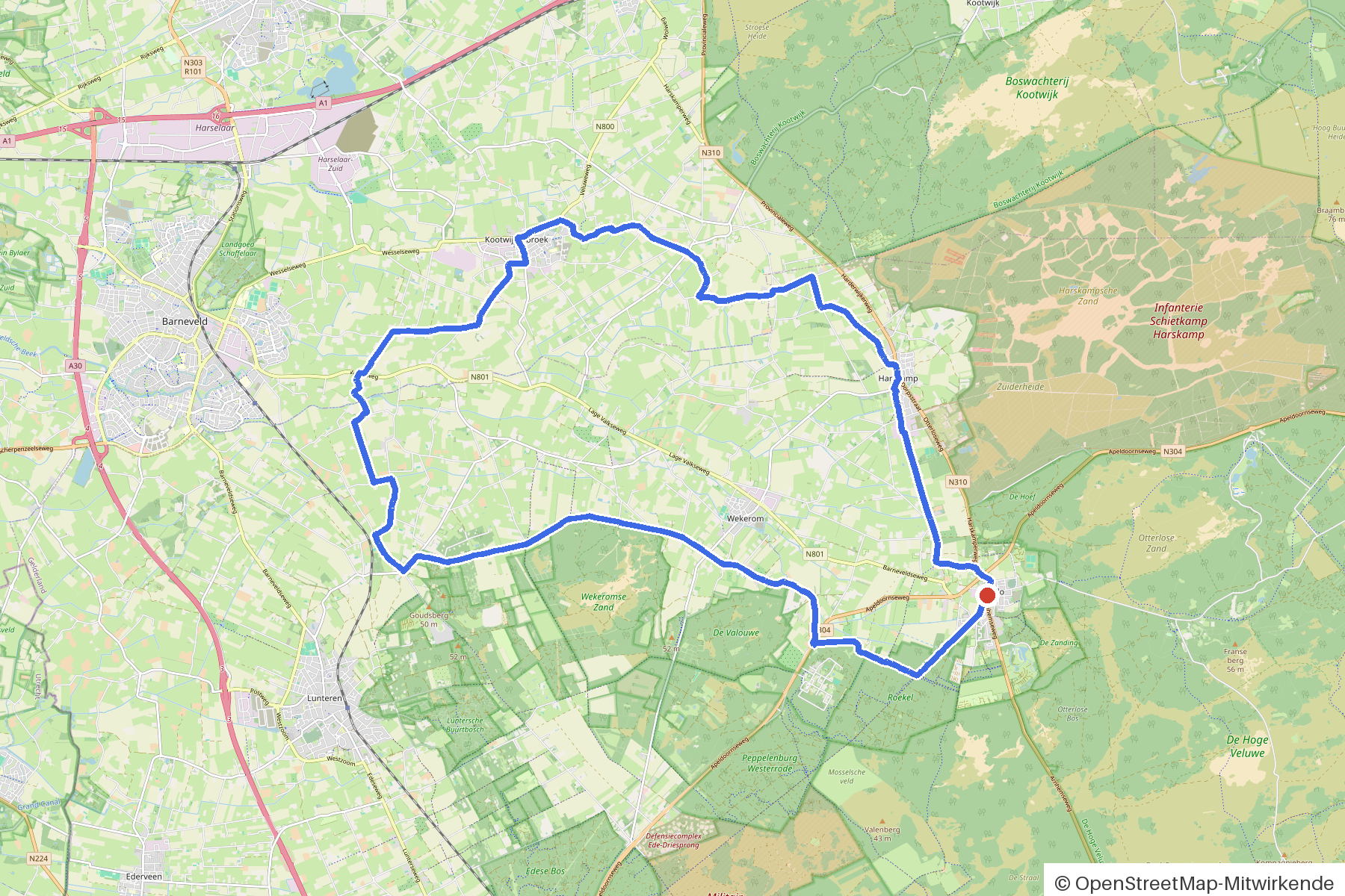 Kaartbeeld van het rondje Otterlo, beken en dreef: routeverloop vanaf Otterlo