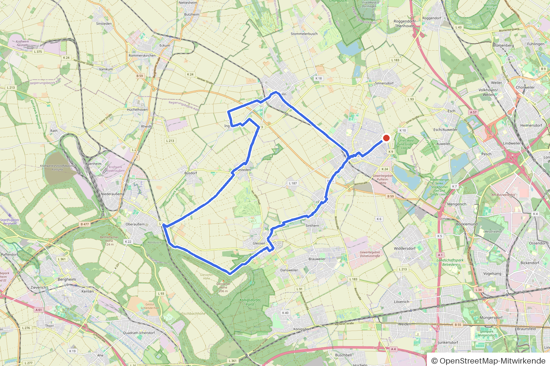 Map of the loop Pulheim, Brauweiler and two streams: route from Pulheim