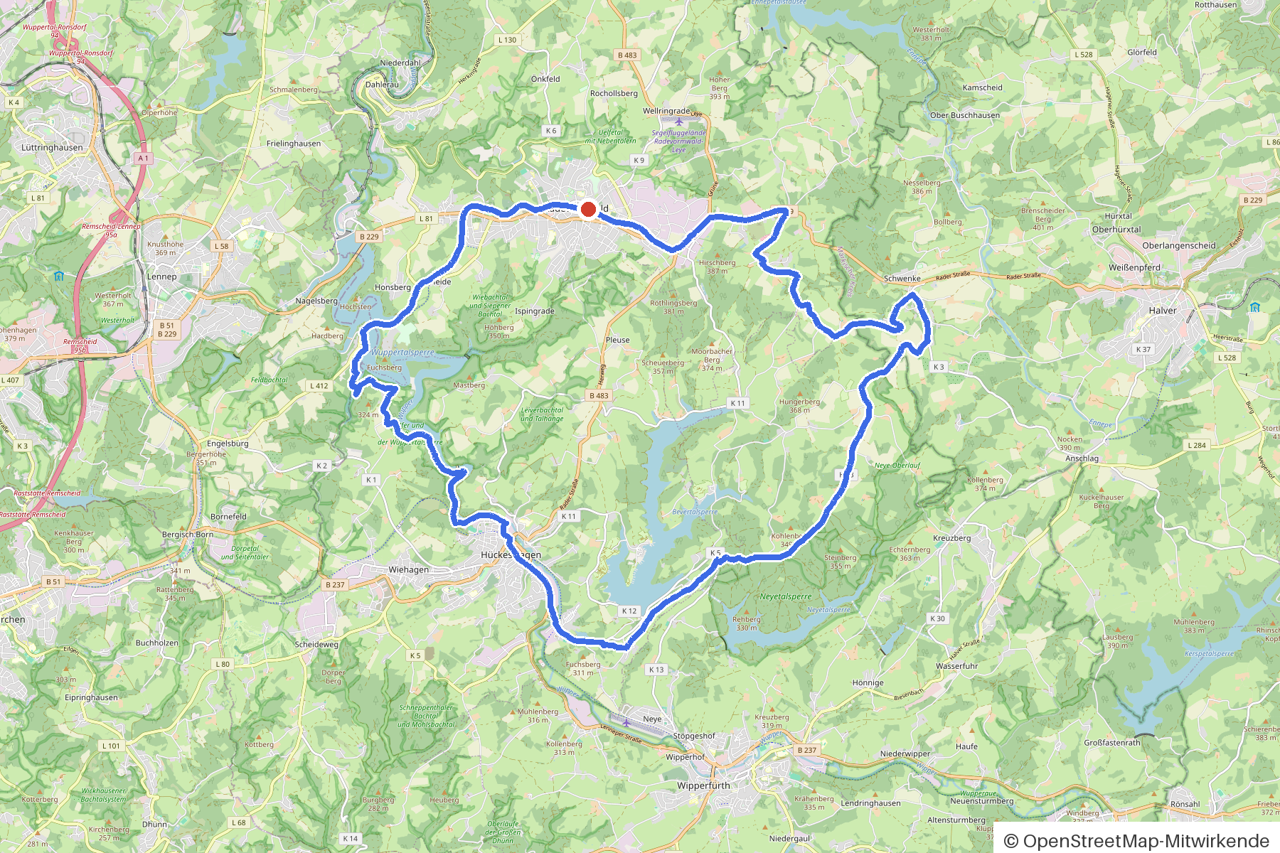 Kartenbild der Rundtour Radevormwald, Wupper und Bilstein: Routenverlauf ab Radevormwald