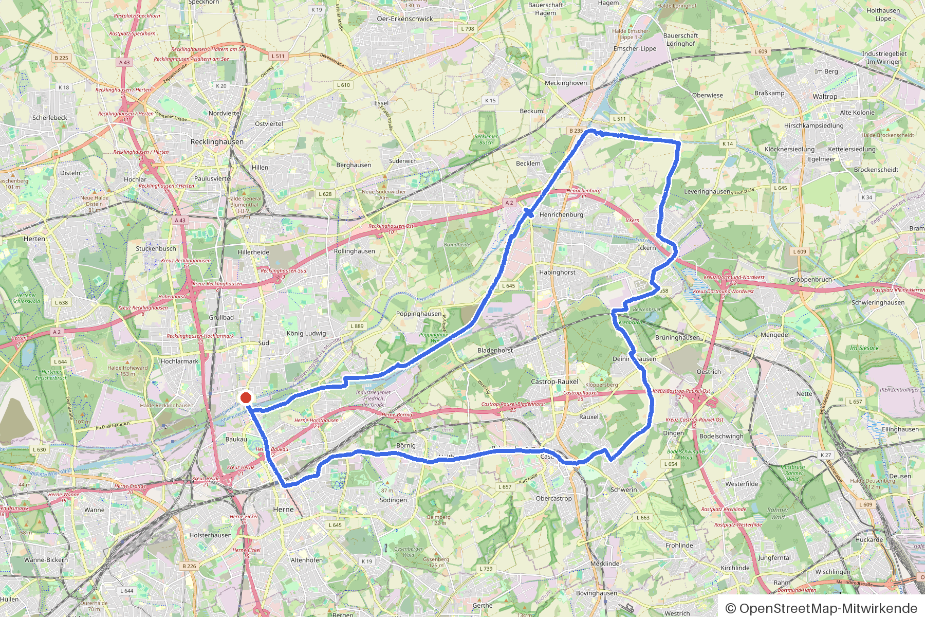 Kartenbild der Rundtour Recklinghausen, Rhein-Herne-Kanal und Emscher: Routenverlauf ab Recklinghausen