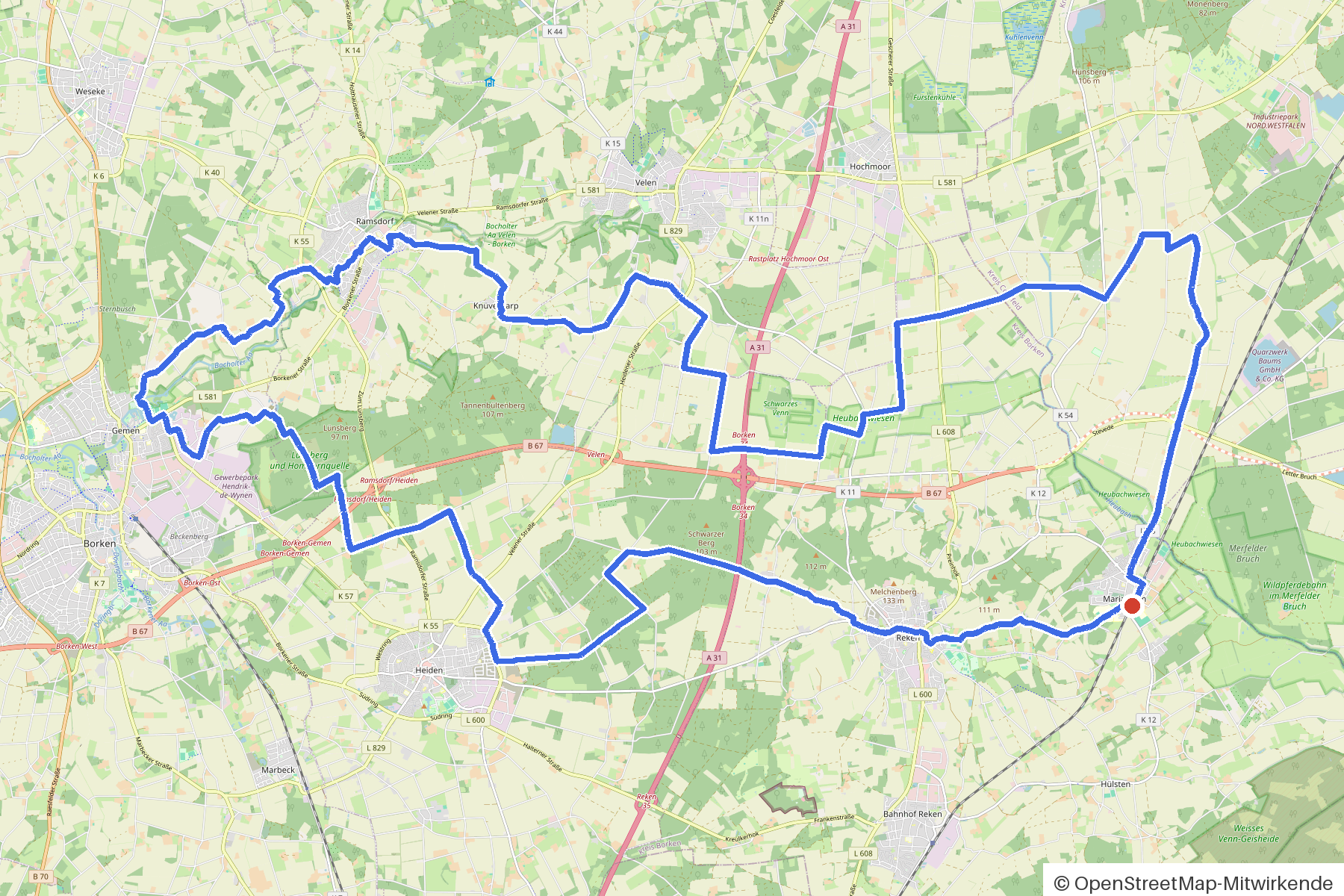 Kartenbild der Rundtour Reken, Hohe Mark und vier Kirchen: Routenverlauf ab Reken
