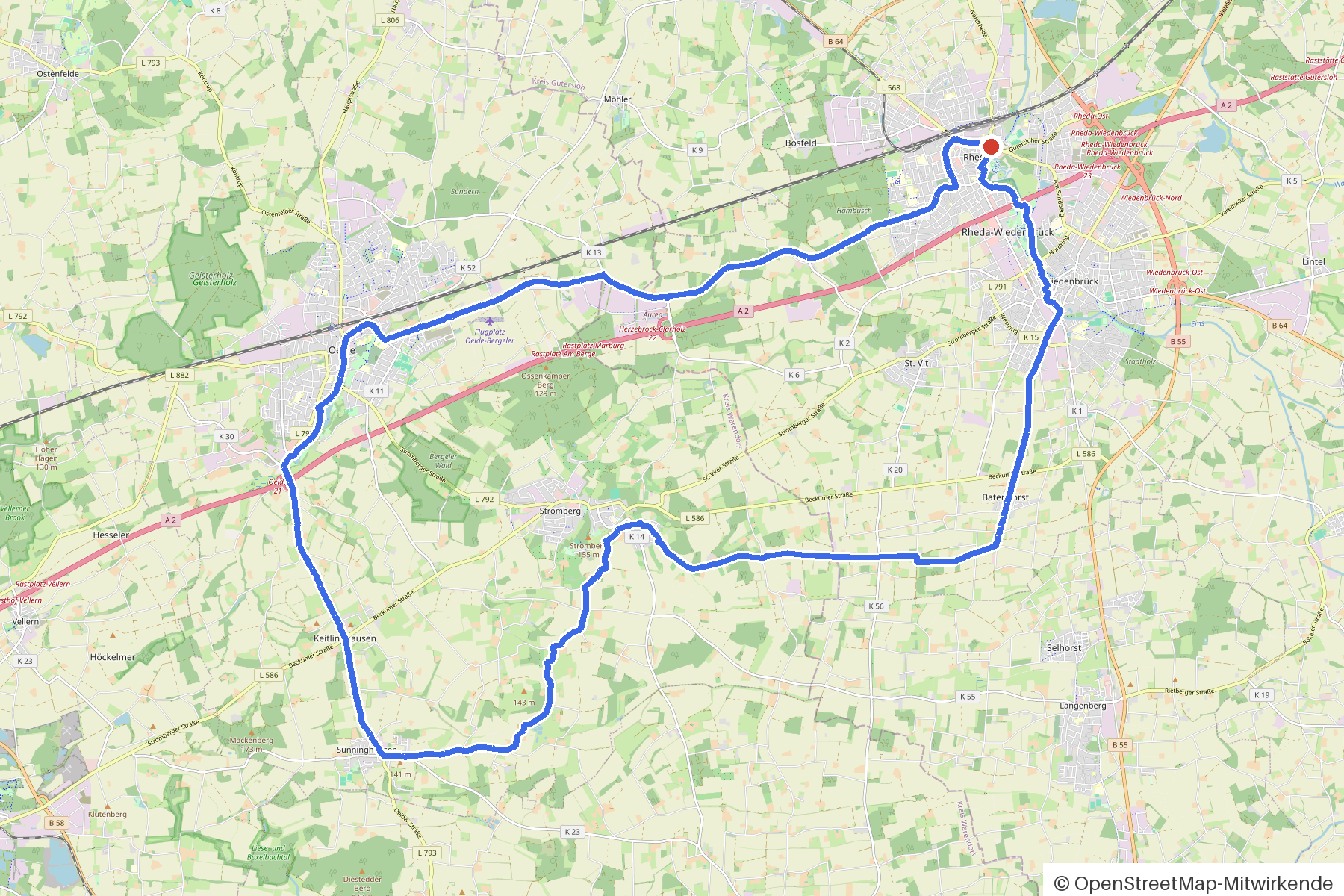 Kartenbild der Rundtour Rheda, Stromberg und vier Brücken: Routenverlauf ab Rheda