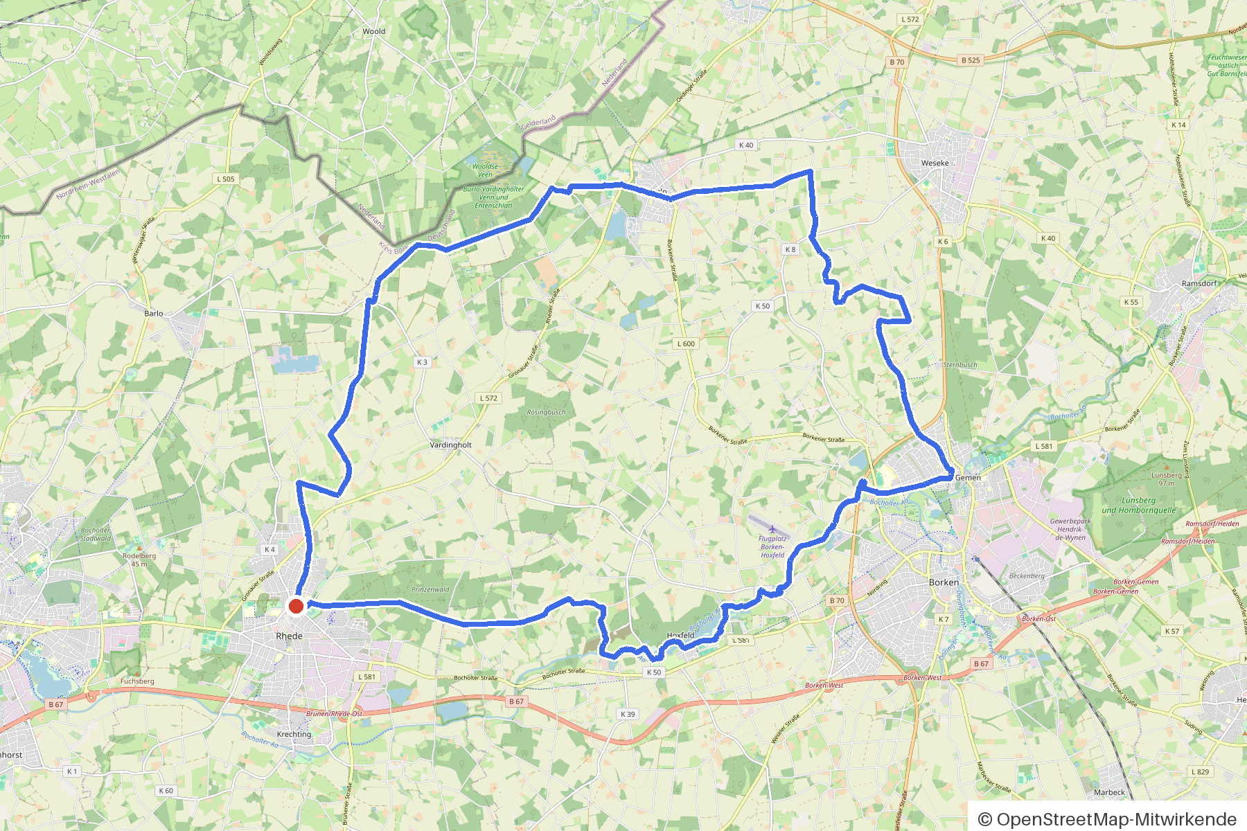 Kartenbild der Rundtour Rhede, Bocholter Aa und fünf Brücken: Routenverlauf ab Rhede