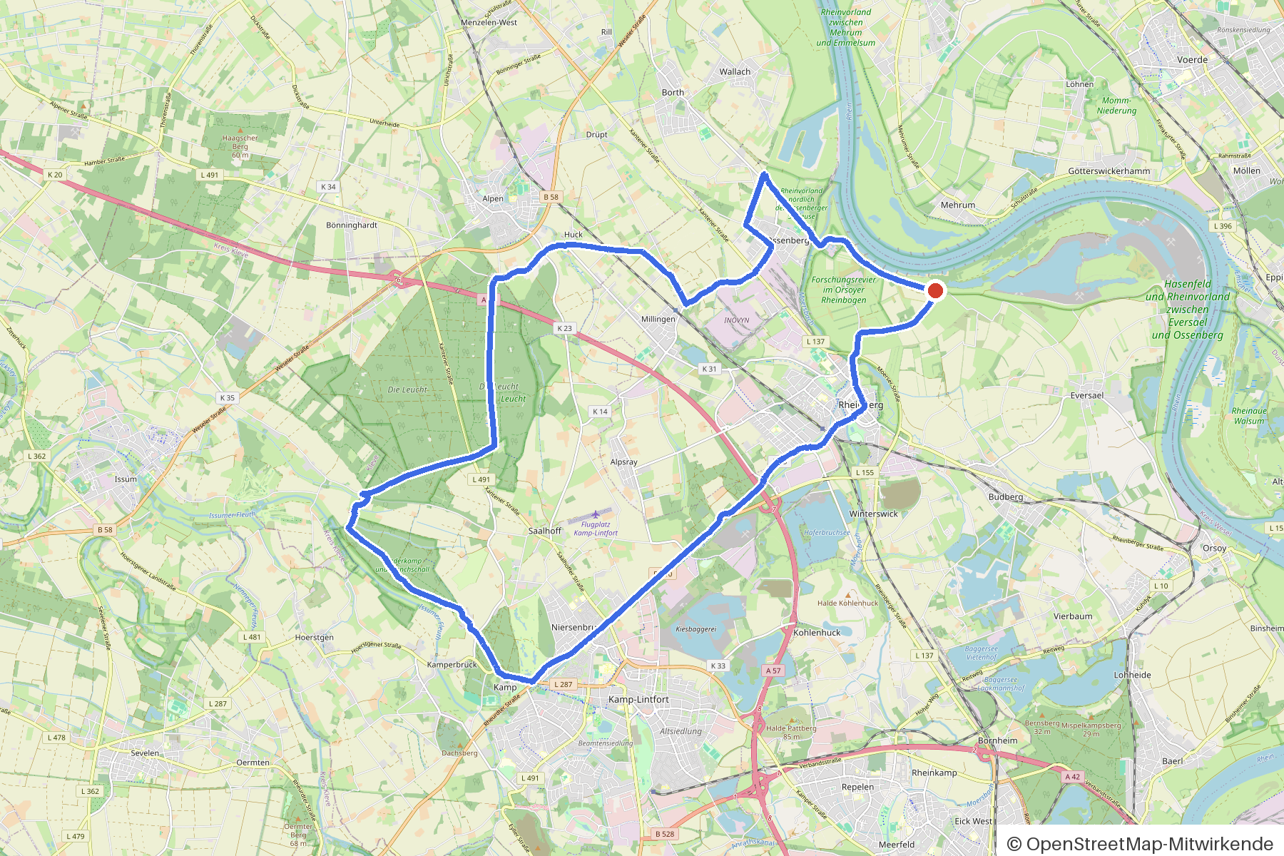 Map of the loop Rheinberg, Kloster Kamp and Allee: route from Rheinberg