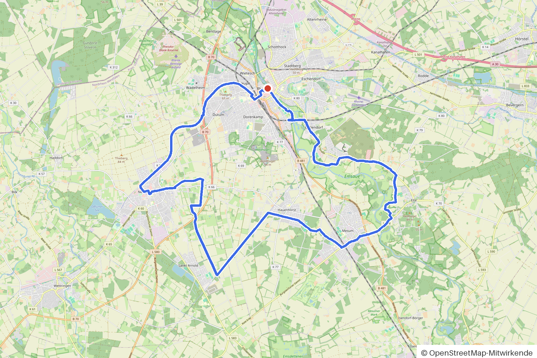 Kartenbild der Rundtour Rheine, Emsaue und Allee: Routenverlauf ab Rheine