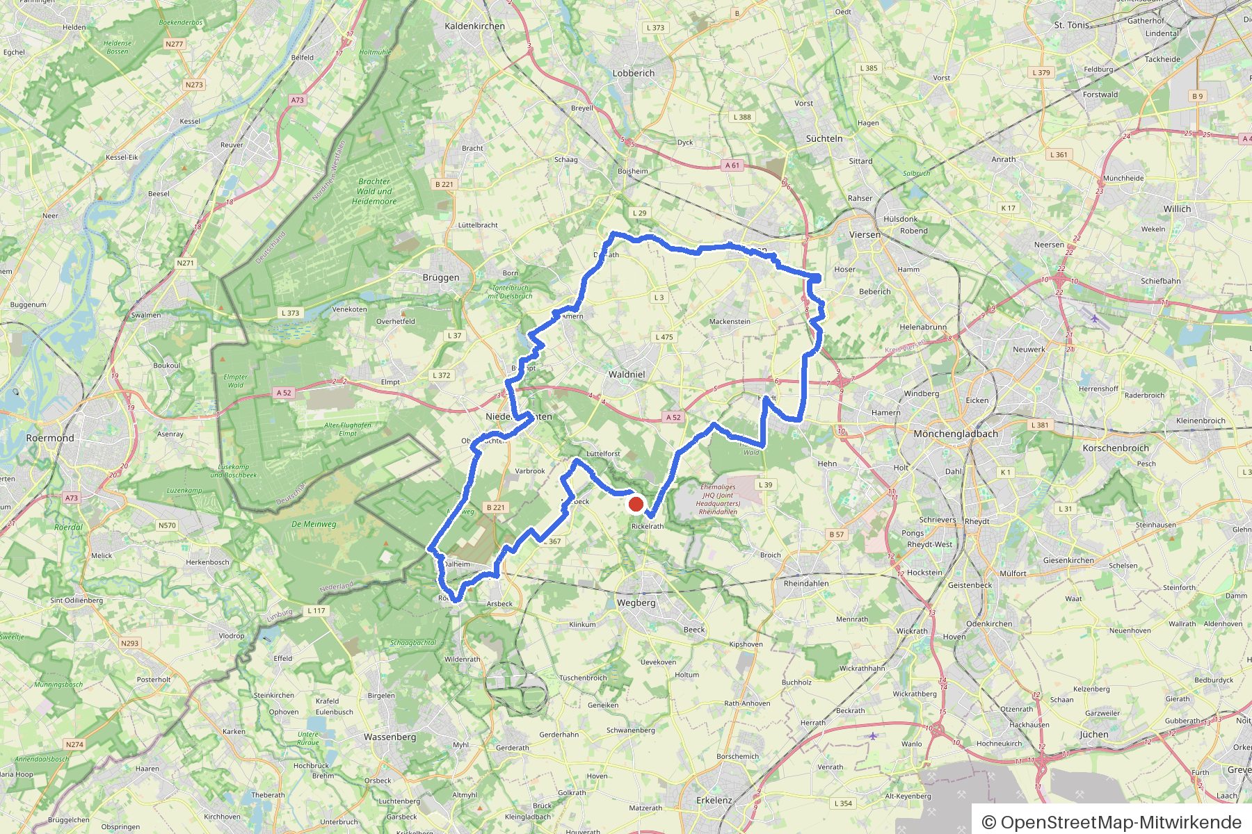 Kartenbild der Rundtour Rickelrath, Wegberg und Bachquerungen: Routenverlauf ab Rickelrath