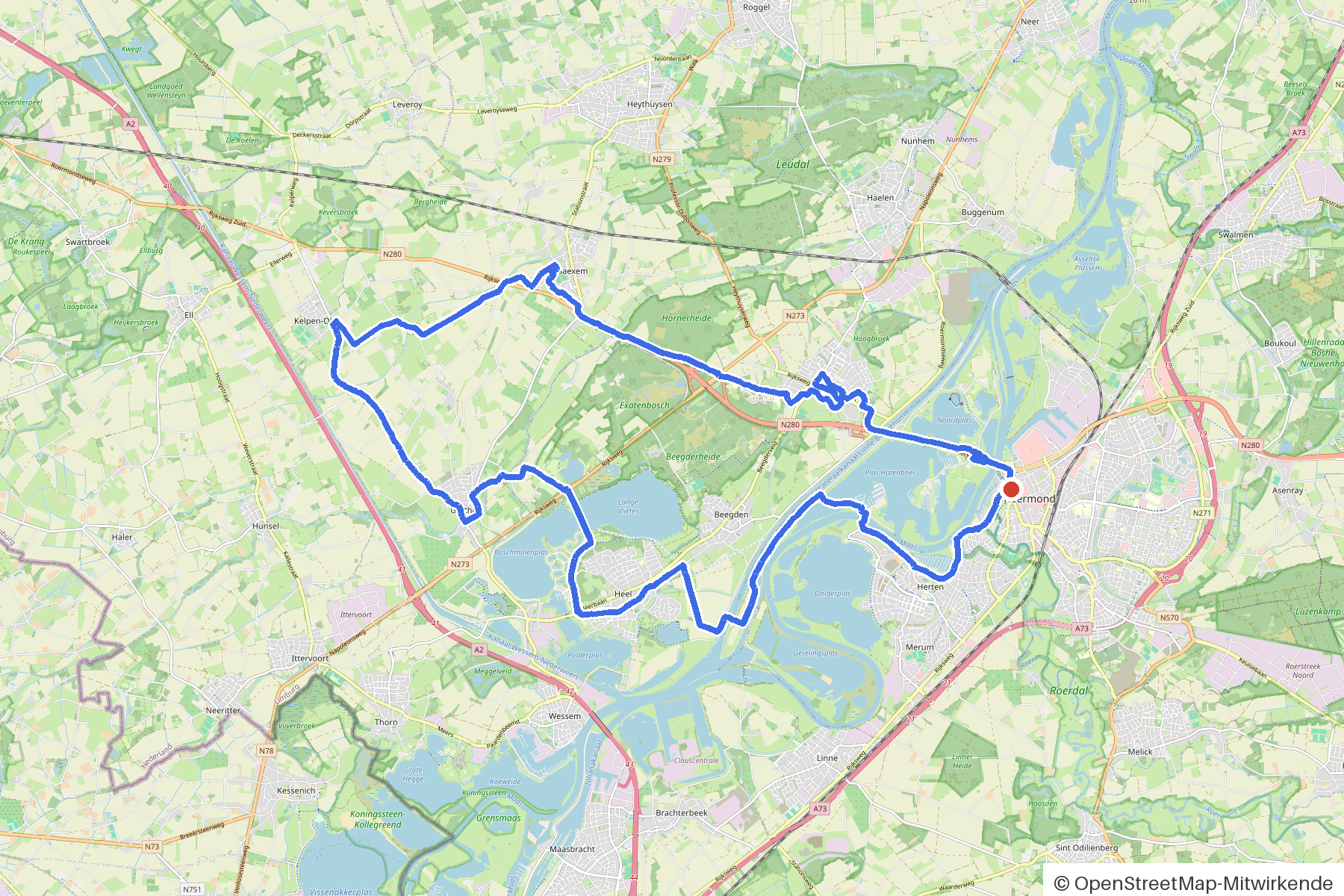 Kaartbeeld van het rondje Roermond, Maas en molens: routeverloop vanaf Roermond