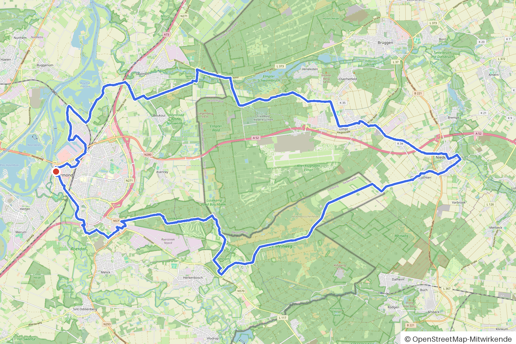 Kaartbeeld van het rondje Roermond, Meinweg en grens: routeverloop vanaf Roermond