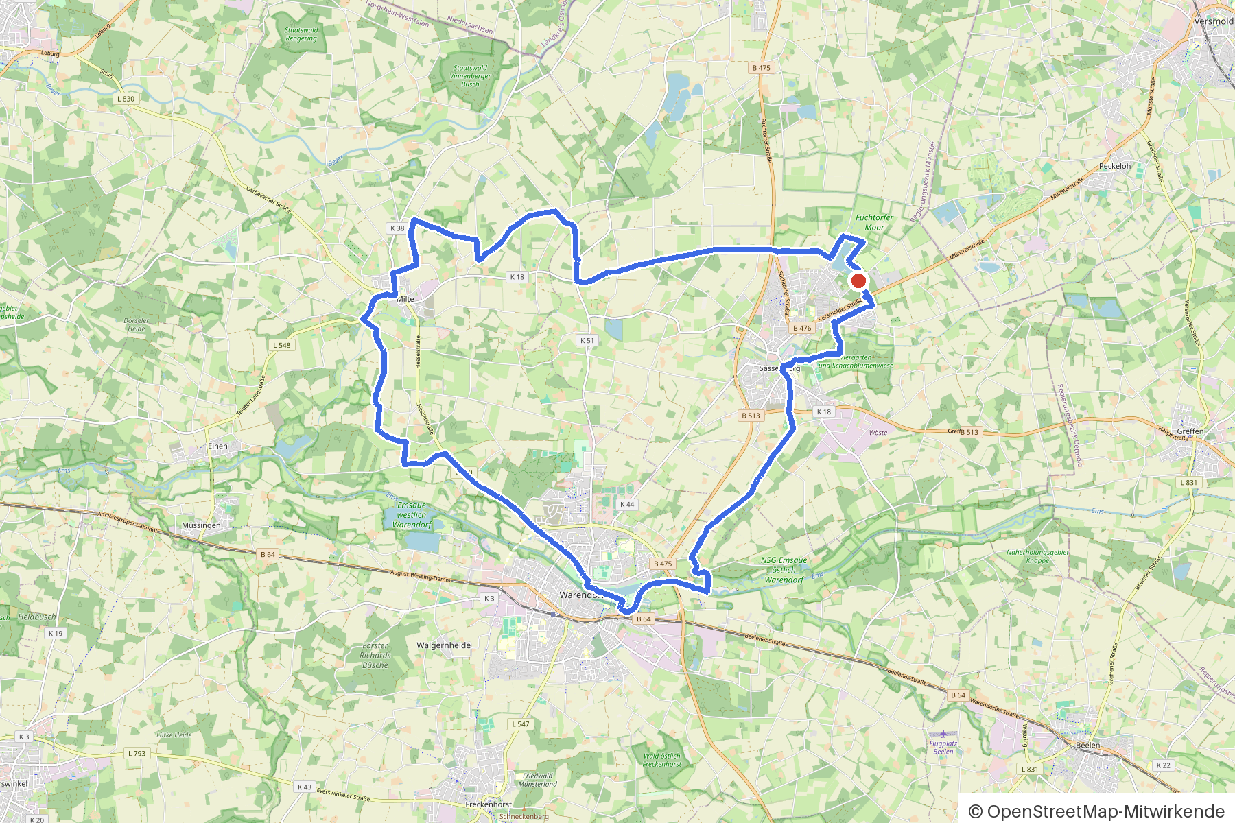 Kartenbild der Rundtour Sassenberg, Wald und Allee: Routenverlauf ab Sassenberg