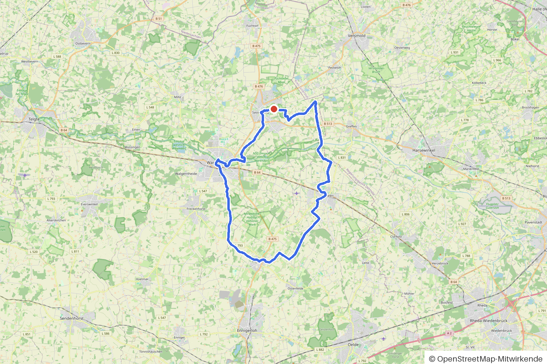 Kartenbild der Rundtour Sassenberg, Ems und sechs Brücken: Routenverlauf ab Sassenberg