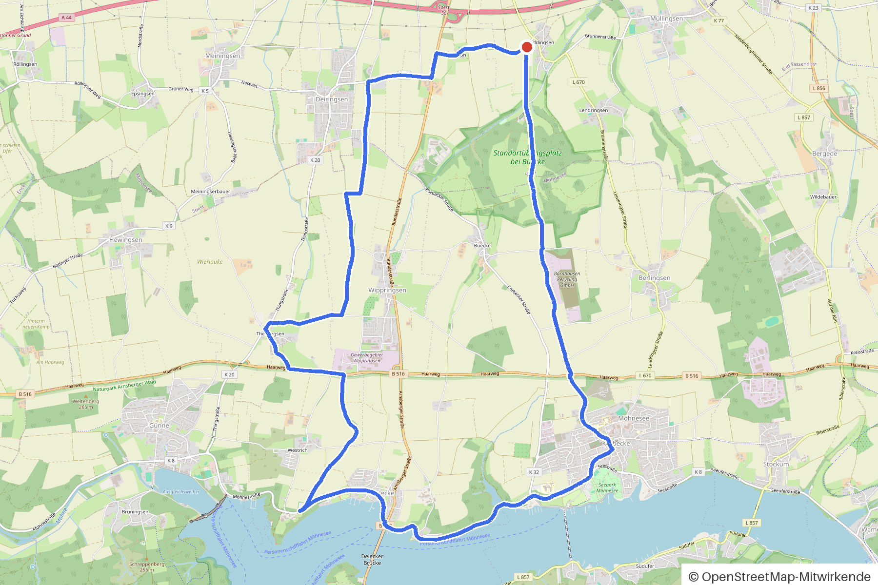 Kartenbild der Rundtour Soest, Schledde und Allee: Routenverlauf ab Soest