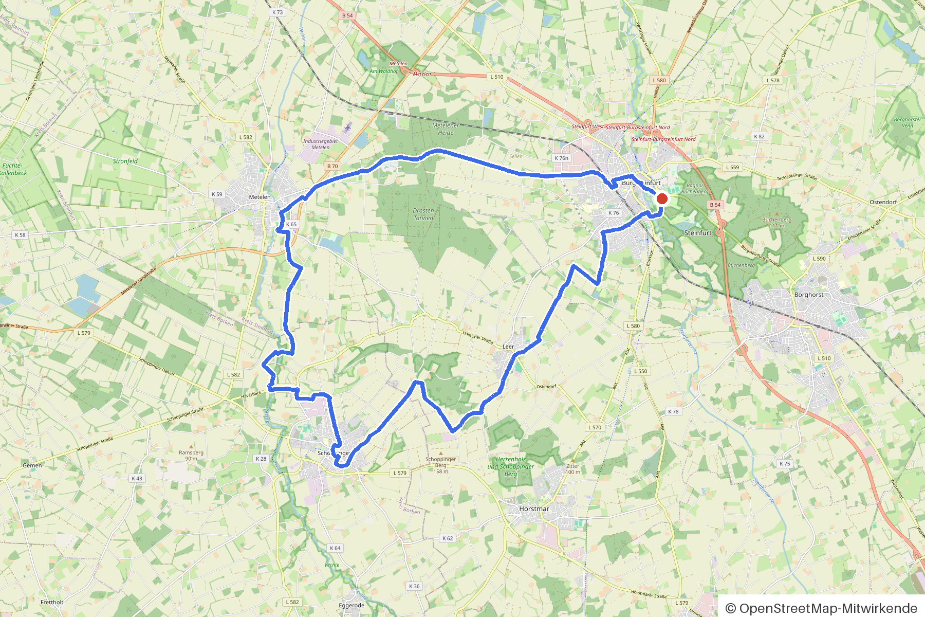 Kartenbild der Rundtour Steinfurt, Mühlen und vier Brücken: Routenverlauf ab Steinfurt