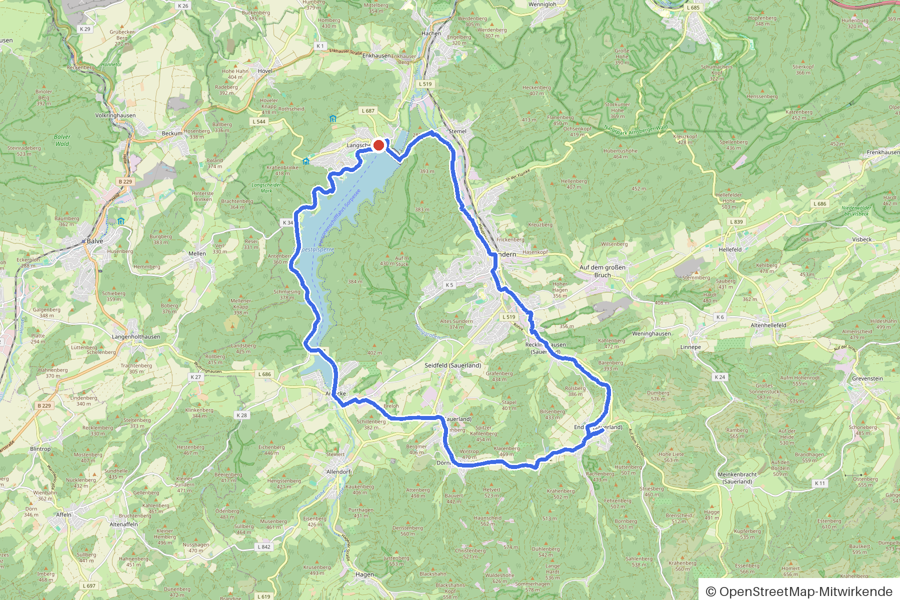 Kartenbild der Rundtour Sundern, Sorpesee und sieben Kirchen: Routenverlauf ab Sundern