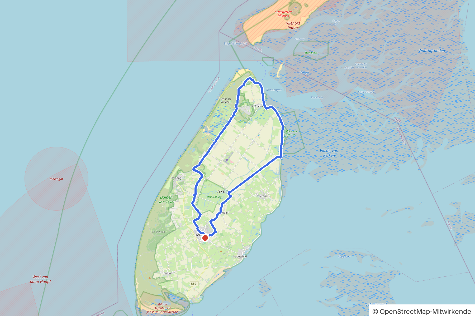 Map of the loop Texel, Slufterduin and Robbenjager: route from Texel