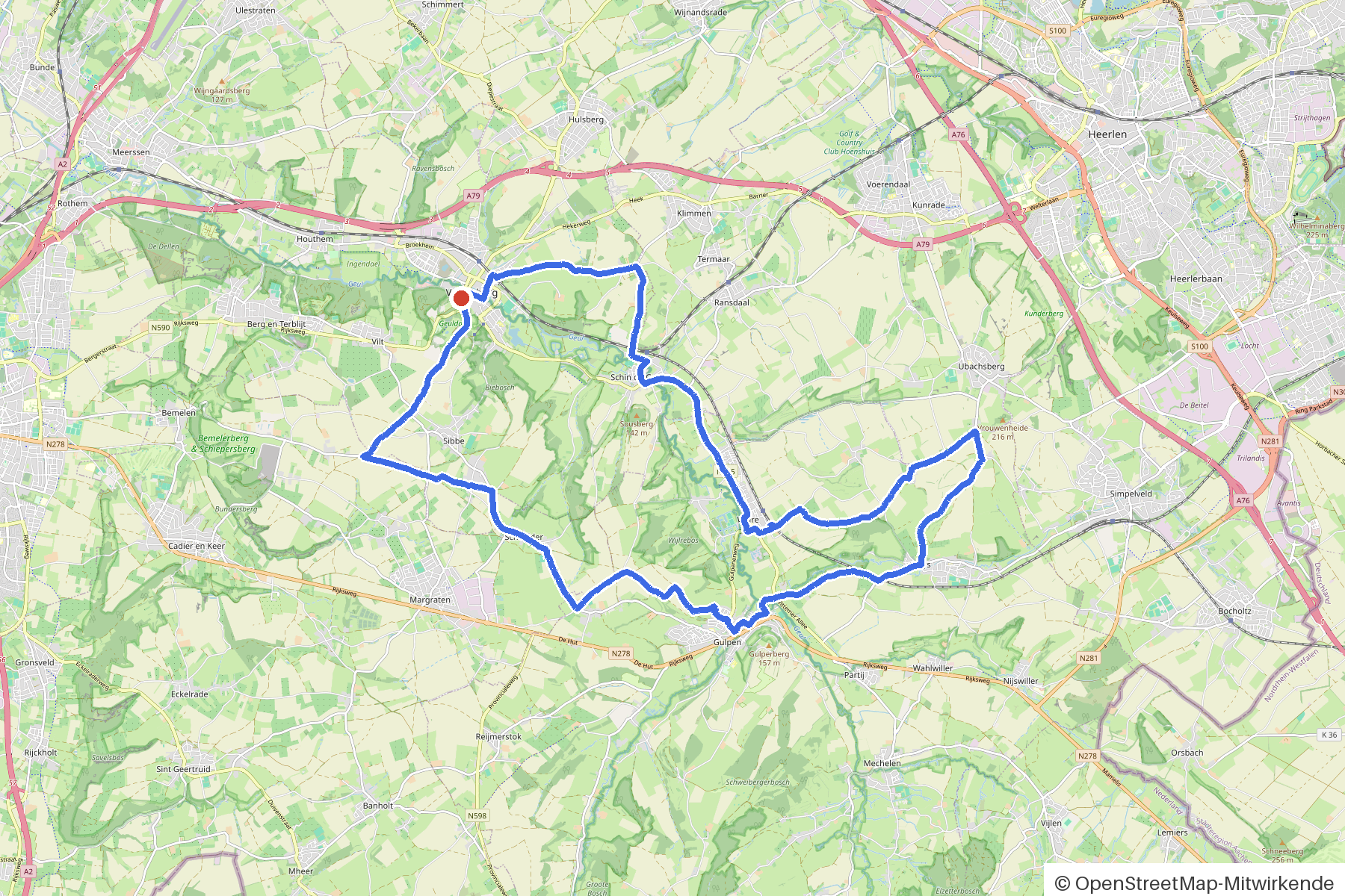 Kaartbeeld van het rondje Valkenburg, Geuldal en drie bruggen: routeverloop vanaf Valkenburg