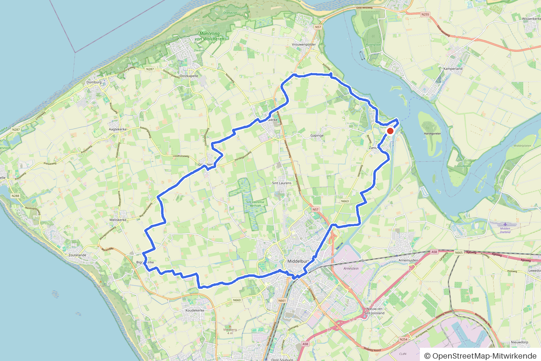 Kaartbeeld van het rondje Veere, Walcheren en vijf molens: routeverloop vanaf Veere
