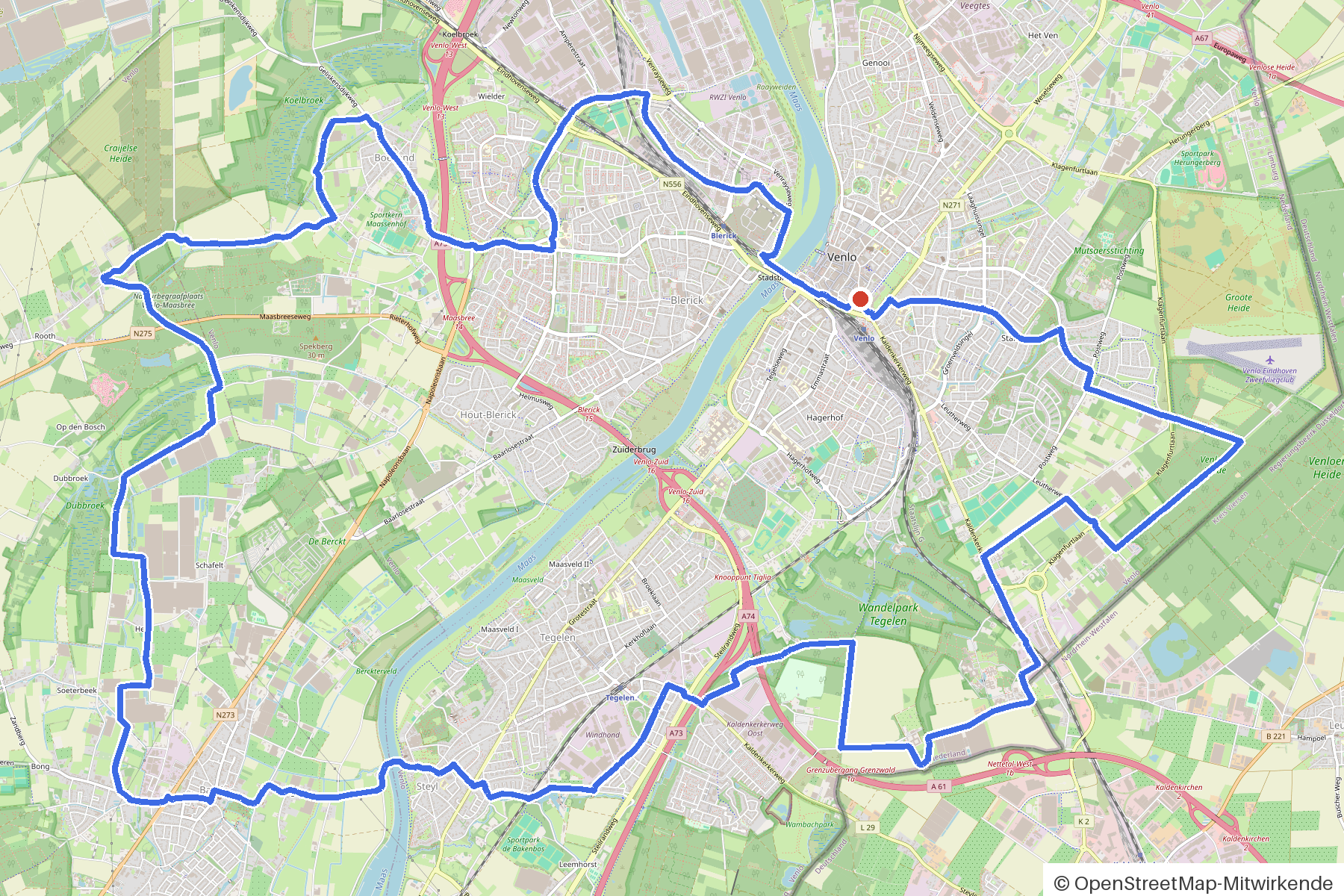 Kaartbeeld van het rondje Venlo, Steyl en Baarlo — vier bruggen: routeverloop vanaf Venlo