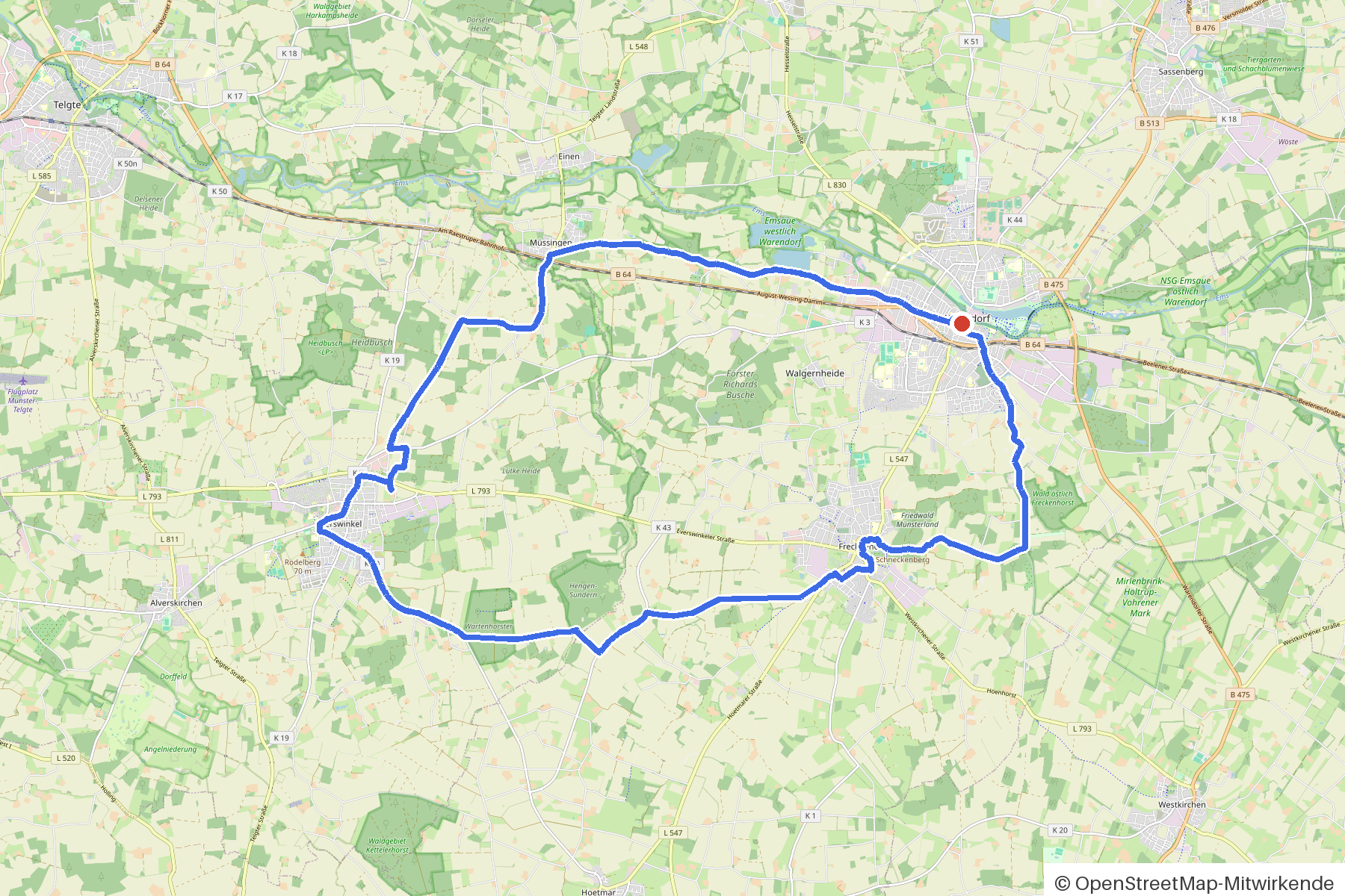 Kartenbild der Rundtour Warendorf, Ems und Kirchen: Routenverlauf ab Warendorf