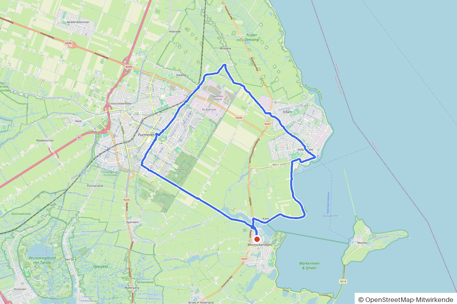 Map of the loop Waterland, Volendam and Edam: route from Waterland
