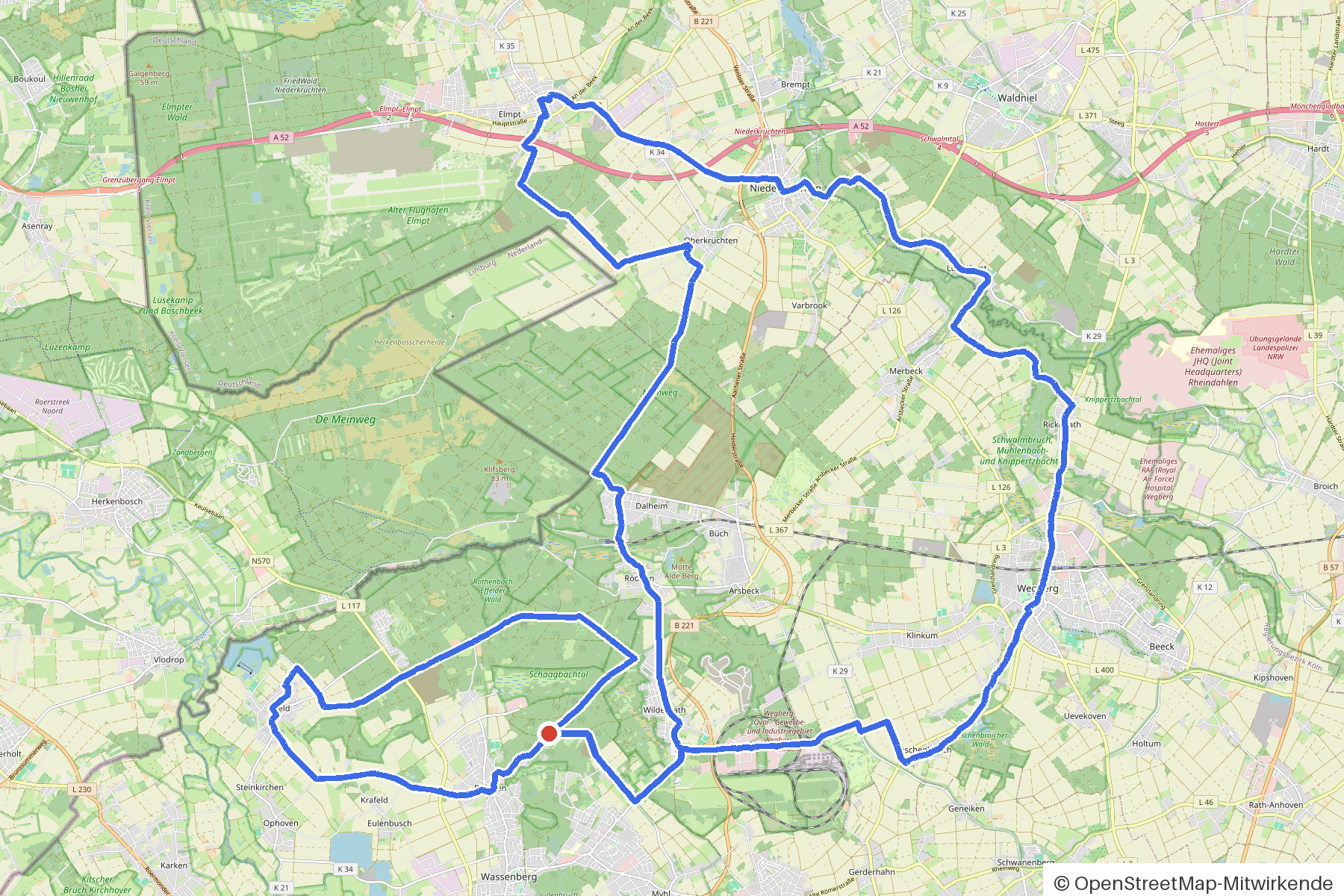 Kartenbild der Rundtour Wildenrath, Bäche und Mühlen: Routenverlauf ab Wildenrath