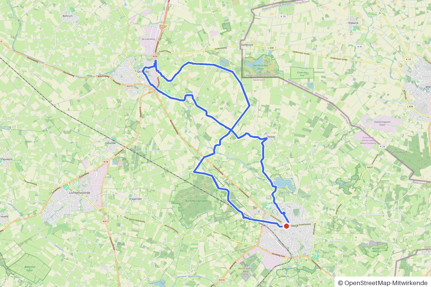 Kaartbeeld van het rondje Winterswijk, bruggen en laan: routeverloop vanaf Winterswijk