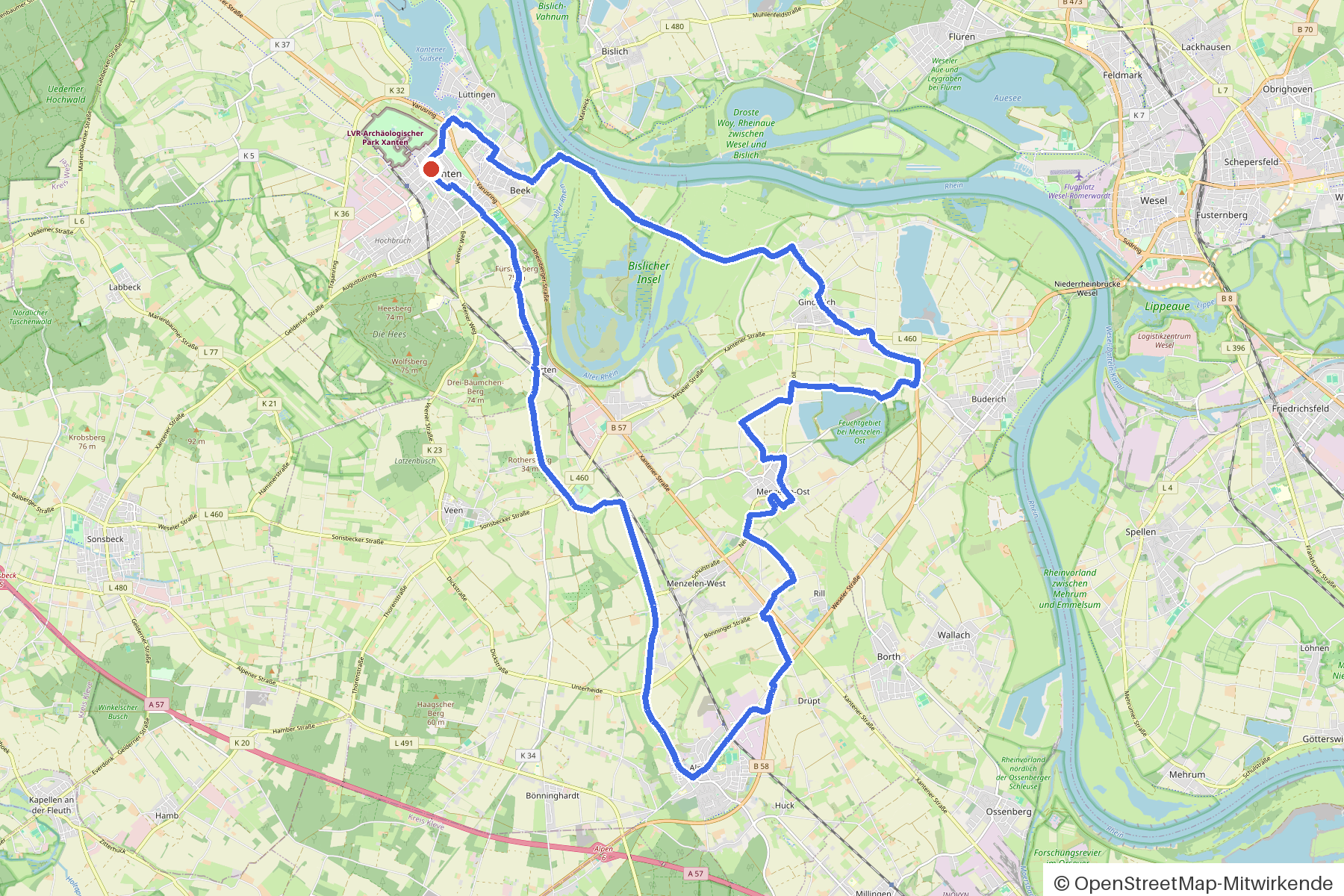 Kartenbild der Rundtour Xanten, Rhein und Burgenseen: Routenverlauf ab Xanten