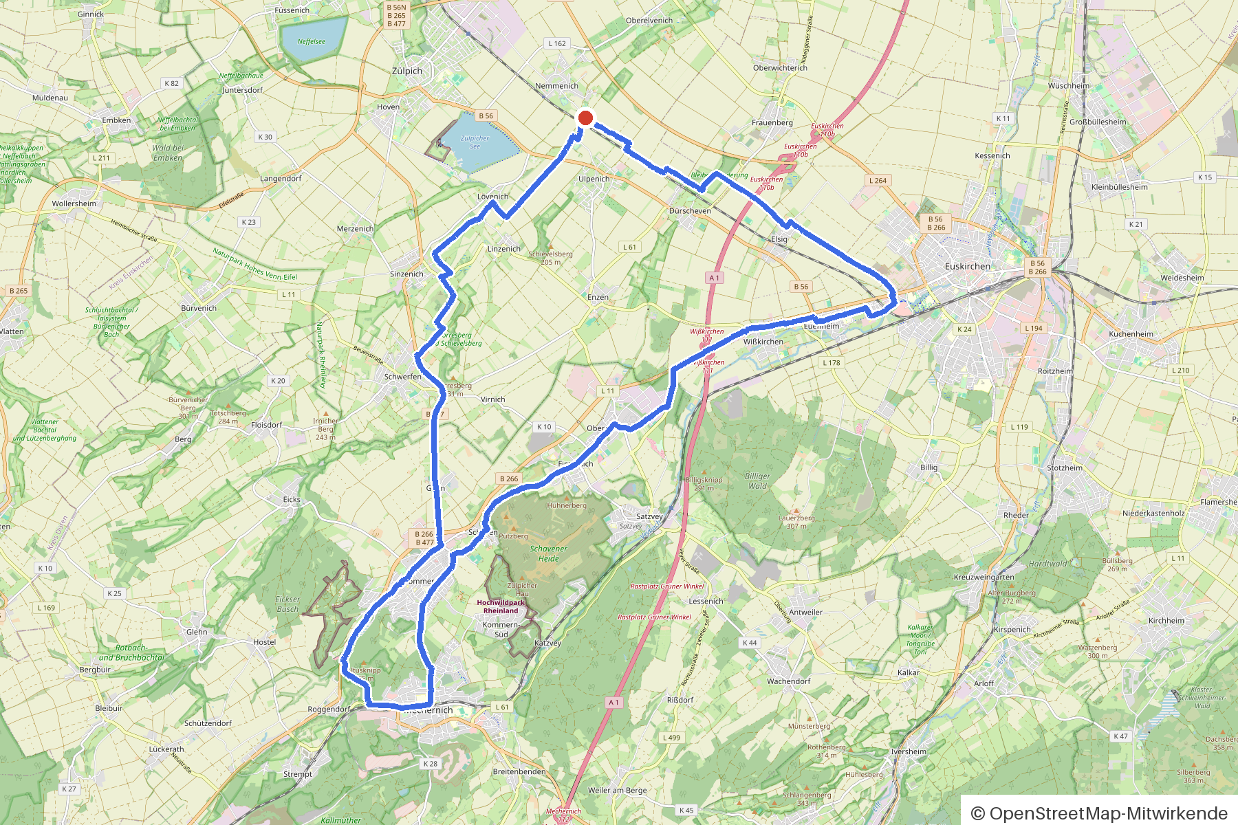 Kartenbild der Rundtour Zülpich, Börde und Burg Kommern: Routenverlauf ab Zuelpich