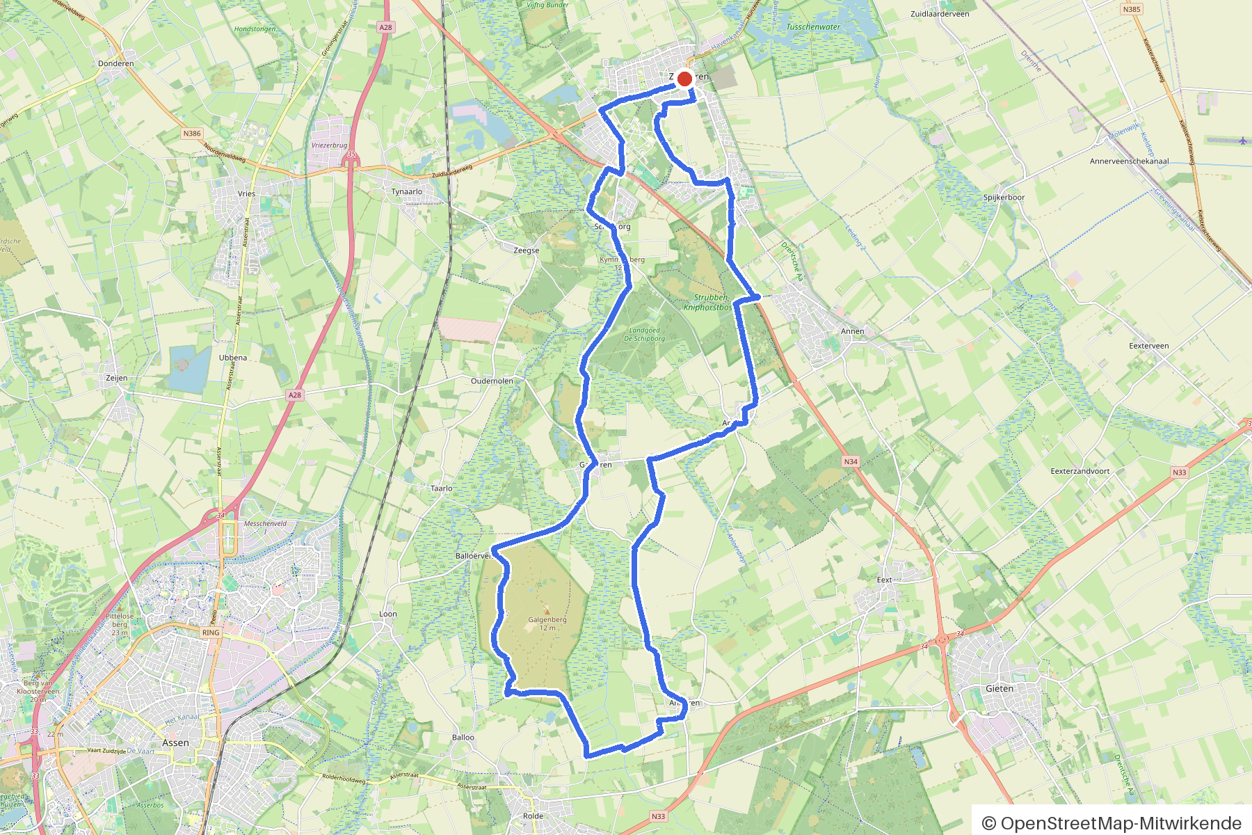Map of the loop Zuidlaren, Drentsche Aa and three churches: route from Zuidlaren